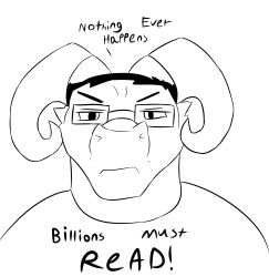  absurd_res anthro black_hair chudjak clothing dialogue eyebrows eyewear glasses gorgonwriting hair hi_res horn looking_at_viewer male meme monochrome shirt solo text text_on_clothing topwear wearing_glasses 
