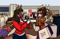  2026 anthro artist_name blurred_background brown_hair canid canine canis clothed clothed_anthro clothed_female clothing collar collar_tag collie domestic_dog domestic_ferret duo female folded_clothing german_shepherd hair hand_on_face happy herding_dog herm_(lore) hi_res highlights_(coloring) mall mammal mixed_breed mustelid musteline pastoral_dog pleased_expression red_clothing red_highlights red_topwear sheepdog shopping shopping_bag store tail text topwear trashjeanie true_musteline weasel zoey_(lovabletester) 