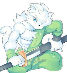  akira_(zipskyblue) anthro clothing felid feline fur green_clothing hi_res holding_object holding_weapon male mammal melee_weapon solo sword weapon white_body white_fur zipskyblue 