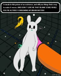  2_toes 3_fingers absurd_res ambiguous_gender angry big_tail brain_matter curled_tail eating empty_eyes english_text feet feral fingers five_pebbles_(rain_world) gem group hi_res humanoid iterator_(rain_world) looking_at_viewer machine mark_of_communication monk_(rain_world) neuron_fly onomatopoeia pearl_(gem) pink_body rain_world robot robot_humanoid slugcat sound_effects speech_bubble spread_toes stretching survivor_(rain_world) tail text toes videocult white_body yellow_body zenith_the_scug 