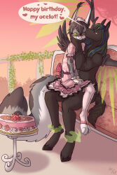  2018 anthro back_wings big_tail biped birthday_cake black_body black_bottomwear black_clothing black_fur black_hair black_pants black_shirt black_topwear blue_highlights bottomwear brown_body brown_fur cake clothed clothing countershade_face countershade_fur countershade_tail countershading crossdressing day dessert dialogue dress duo ear_tuft english_text equid equine eyebrows eyewear feathered_wings feathers felid feline femboy fluffy fluffy_tail food fuf fur furniture glasses hair hand_on_face happy_birthday hi_res highlights_(coloring) hooves interspecies kissing_cheek legwear leopardus long_hair male male/male mammal mythological_creature mythological_equine mythology ocelot on_lap on_sofa one_eye_closed outside pants pegasus pink_clothing pink_dress pink_nose round_glasses shirt short_hair sitting sitting_on_lap sitting_on_sofa small_wings sofa speech_bubble stockings tail text topwear tuft unguligrade unusual_anatomy unusual_wings wearing_glasses white_body white_clothing white_countershading white_fur white_legwear white_stockings wings 