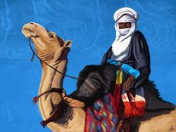  2023 4:3 agustindiazart barefoot blue_background brown_body brown_skin camel camelid clothed clothed_male clothing duo feet feral hi_res human litham male mammal quadruped riding_on_back simple_background tuareg veil 