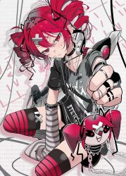 :/ absurdres black_shirt chains charm_(object) collarbone commentary drill_hair full_body hair_between_eyes hair_ornament headphones headphones_around_neck highres holding holding_charm kasane_teto kneeling looking_at_viewer print_shirt red_eyes red_hair red_thighhighs shirt streetwear striped_clothes striped_thighhighs synthesizer_v thighhighs twin_drills utau x_hair_ornament yoganeko 