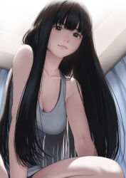  bare_legs bare_shoulders between_legs black_eyes black_hair breasts ceiling cleavage closed_mouth collarbone commentary curtains female from_below grey_tank_top guitaristkaz hand_between_own_legs highres light_smile long_hair looking_at_viewer medium_breasts original solo tank_top 