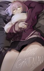  arm_under_breasts arm_up boxcutter breasts collared_shirt commentary_request female glasses gridman_universe headphones headphones_around_neck highres holding holding_boxcutter huge_breasts jacket long_sleeves looking_at_viewer lying miniskirt naasan_(r3p9xvzrq9wdv1l) on_back purple_hair purple_jacket red_eyes reflection shinjou_akane shirt short_hair skirt ssss.gridman thick_thighs thighs white_shirt 