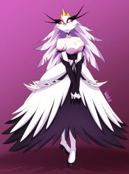  anthro avian beak big_breasts bird bird_demon breasts cheek_tuft clothing crown danmakuman demon eyelashes facial_tuft female footwear galliform gloves hair handwear headgear hellaverse helluva_boss hi_res high_heels long_hair looking_at_viewer peafowl peafowl_demon phasianid shoes smile solo stella_(helluva_boss) tiara tuft 