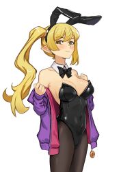  absurdres animal_ear_hairband animal_ears black_bow black_bowtie black_hairband black_leotard black_pantyhose blonde_hair blush bow bowtie breasts cleavage clenched_hands closed_mouth collarbone covered_navel cowboy_shot detached_collar fake_animal_ears female from_side hair_between_eyes hair_tie hairband hands_up highleg highleg_leotard highres holding_sleeve jacket jacket_down kiss-shot_acerola-orion_heart-under-blade large_breasts leotard lips long_hair long_sleeves looking_at_viewer monogatari_(series) off_shoulder oshino_shinobu pantyhose playboy_bunny pointy_ears purple_jacket rabbit_ear_hairband rabbit_ears rabbit_tail ricman_rt ringed_eyes shiva_(bare_knuckle) side_ponytail sidelocks simple_background smile solo standing strapless strapless_leotard tail two-sided_fabric two-sided_jacket white_background yellow_eyes zipper_pull_tab 