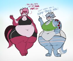  accessory anthro belly belly_rolls big_belly big_breasts blue_body bottom_heavy breasts canid canine canis cleavage clothed clothing deep_navel digitigrade domestic_dog duo ear_piercing eyewear fat_arms fat_rolls female flower glasses hair_accessory hairpin hand_on_hip hi_res huge_belly huge_breasts huge_thighs husky hyena insult love_handles mammal midriff navel nordic_sled_dog obese obese_female overweight overweight_female pear-shaped_figure piercing plant red_body rose_(flower) spitz sportswear tattoo thick_thighs wide_hips zandyzolo 