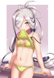  ahoge asashimo_(kancolle) bra breasts camisole cleavage ebifly female gradient_background grey_eyes grey_hair hair_over_one_eye kantai_collection long_hair mouth_hold panties ponytail small_breasts solo underwear yellow_bra yellow_camisole yellow_panties 