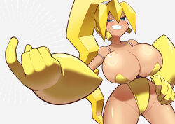  android areola_slip blue_eyes breasts come_hither cropped_legs female grin hand_on_own_hip high_ponytail highres huge_breasts joints large_hands leotard martial_(robopon) oversized_forearms oversized_limbs robot_joints robot_ponkottsu simple_background smile smug solo standing teeth toku_sonchou undersized_breast_cup white_background yellow_leotard 