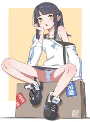  akari_(raigou) black_hair ear_piercing female hair_ornament hairclip highres long_hair original panties piercing pointy_ears ponytail raigou shoes sidelocks sneakers sports_bra spread_legs thick_eyebrows underwear upskirt white_panties yellow_eyes 