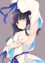  arm_up armpits bare_shoulders black_hair blue_eyes blue_ribbon blush breasts dress fate/grand_order fate/requiem fate_(series) female grey_background highres kurikara large_breasts long_sleeves looking_at_viewer magatama medium_hair multicolored_hair pink_hair pout presenting_armpit puffy_cheeks puffy_long_sleeves puffy_sleeves ribbon seigaiha sideboob sidelocks simple_background solo streaked_hair two-sided_fabric two-sided_skirt utsumi_erice utsumi_erice_(lancer) white_dress 