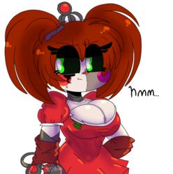  1girls adorable baby_(fnafsl) big_breasts cibuu cibuu_(artist) circus_baby circus_baby_(fnaf) cleavage clothing clown cute dialogue eyelashes female female_only five_nights_at_freddy&#039;s freddy_fazbear&#039;s_pizzeria_simulator green_eyes hand_behind_back looking_back red_hair scrap_baby scrap_baby_(fnaf) sweat twintails 