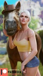  3d 3d_(artwork) blender ciri green_eyes horse hotpants navel_piercing patreon piercing roach_(the_witcher) scar size_difference the_witcher_(series) the_witcher_3:_wild_hunt vendettagirls 