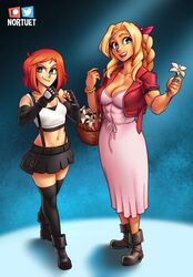    2girls aerith_gainsborough_(cosplay) beverly_(nortuet) big_breasts blonde_hair blue_eyes breasts cleavage clothed clothing cosplay female_focus female_only final_fantasy final_fantasy_vii green_eyes long_hair looking_at_viewer medium_hair muscular muscular_female nortuet nortuet_universe open_mouth original pose red_hair revealing_clothes simple_background small_breasts smile tara_(nortuet) tifa_lockhart_(cosplay) 