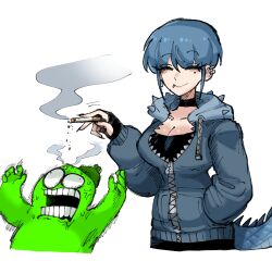  1boy anger_vein ashes black_choker bloodshot_eyes blue_hair breasts choker cigarette cleavage closed_eyes collarbone_piercing commentary_request ear_piercing earrings face_piercing female green_hat grey_jacket hand_in_pocket hat highres holding holding_cigarette hood hooded_jacket jacket jewelry kame-chan_(oligogi_meoggosipda) korean_commentary large_breasts lip_piercing mole mole_under_eye oligogi_meoggosipda original piercing sidelocks simple_background single_earring smoke smoking sweat tail white_background 