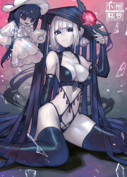  absurdres artist-provided_artwork black_eyes black_hat black_panties black_thighhighs blunt_bangs breasts chaldea_logo character_doll colored_skin detached_sleeves doll fate/grand_order fate_(series) female flower frown full_body glass_shards hand_up hat hat_flower highleg highleg_panties highres kneeling komahime_(exhibition_attire)_(fate) komahime_(fate) looking_at_viewer navel non-web_source panties radishkek revealing_clothes sen_no_rikyu_(exhibition_attire)_(fate) sen_no_rikyu_(fate) short_hair short_twintails sidelocks thighhighs thighs toeless_legwear twintails underwear white_hair white_nails white_skin 