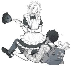  2boys alternate_costume androgynous apron backpack bag crossdressing dark-skinned_male dark_skin dress dungeon_meshi duster elf enmaided frilled_apron frills full_body glasses greyscale highres holding holding_duster kabru kneeling long_sleeves lying maid maid_apron maid_headdress male_focus male_maid medium_hair mithrun mithrun_(young) monochrome multiple_boys norinorirandom on_back otoko_no_ko pants pointy_ears shirt short_hair simple_background smile straddling sweatdrop wavy_hair white_background yaoi 