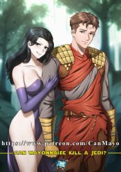  1boy bare_legs black_eyes black_hair breasts brown_eyes brown_hair cleavage earrings elbow_gloves female gloves highleg highleg_leotard highres jedi jewelry legs leotard light_blush long_hair medium_breasts outdoors shiny_skin short_hair sith smile star_wars stud_earrings teeth thighs tree zxpfer 
