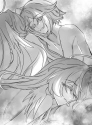  2girls absurdres after_sex choikfu feathered_wings head_wings highres honkai:_star_rail honkai_(series) implied_after_sex long_hair monochrome multiple_girls nude on_bed rappa_(honkai:_star_rail) robin_(honkai:_star_rail) sleeping smile wings yuri 