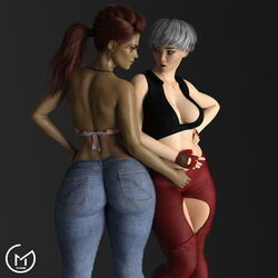  2girls 3d apex_legends asian asian_female ass back_view big_ass breasts cleavage clothed clothed_female clothes clothing crop_top dark-skinned_female eye_contact face-to-face female female_only fingerless_gloves fully_clothed gm_studios interracial jeans latina loba loba_(apex_legends) loba_andrade looking_at_partner no_eyewear pants pants_pull ponytail red_hair short_hair tied_hair tight_jeans tight_pants valkyrie_(apex_legends) white_hair yuri 