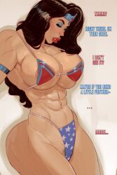  ... abs absurdres adapted_costume art_mein bikini black_hair blue_eyes blue_eyeshadow dc_comics english_text eyeshadow female highres long_hair makeup navel print_bikini simple_background solo star_(symbol) star_print swimsuit tiara white_background wonder_woman wonder_woman_(series) 