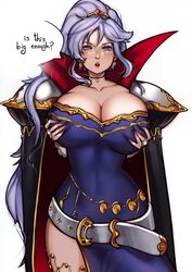  1girls bare_thighs breasts cleavage earrings english_text fire_emblem fire_emblem:_genealogy_of_the_holy_war grabbing_own_breast hourglass_figure huge_breasts ishtar_(fire_emblem) long_hair looking_at_viewer mariezone nintendo ponytail purple_eyes purple_hair solo text very_long_hair white_background wide_hips 