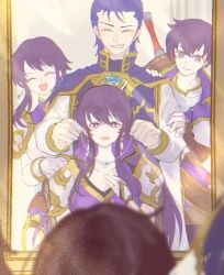  2boys 2girls armor ayra_(fire_emblem) ayra_(supreme_astra)_(fire_emblem) black_hair blue_hair breasts brother_and_sister cleavage closed_eyes earrings family father_and_daughter father_and_son fire_emblem fire_emblem:_genealogy_of_the_holy_war fire_emblem_heroes grin highres holding holding_jewelry holding_necklace jewelry larcei_(fire_emblem) large_breasts lex_(fire_emblem) mirror mother_and_daughter mother_and_son multiple_boys multiple_girls necklace open_mouth pauldrons purple_eyes reflection sasaki_(dkenpisss) scathach_(fire_emblem) shoulder_armor siblings smile 