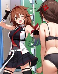  2girls ass back black_bra black_panties black_serafuku bra braid breasts brown_eyes brown_hair hair_flaps hair_over_shoulder hairband highres kantai_collection large_breasts locker locker_room long_hair multiple_girls one_eye_closed panties red_hairband school_uniform serafuku shigure_(kancolle) shigure_kai_san_(kancolle) shiratsuyu_(kancolle) shiratsuyu_kai_ni_(kancolle) single_braid underwear white_ss_yu 