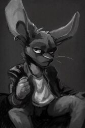  2:3 animancer black_and_white clothing dipodid hi_res jacket jerboa jinx leather leather_clothing leather_jacket leather_topwear mammal monochrome noir rodent topwear 
