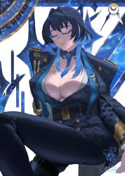  absurdres bellfable black_hair blue_eyes blue_hair blue_necktie blue_shirt breasts chain_earrings chains cleavage_cutout closed_eyes clothing_cutout coat coat_on_shoulders collared_shirt colored_inner_hair detached_pants female gloves hair_intakes highres hololive hololive_english lapel_pin long_hair looking_at_viewer multicolored_hair necktie official_alternate_costume official_alternate_hairstyle ouro_kronii ouro_kronii_(4th_costume) shirt smile solo two-sided_coat two-sided_fabric virtual_youtuber wolf_cut 