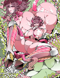  animal_ears animal_feet arm_between_breasts ass bell between_breasts braid breasts closed_mouth colored_skin cow_ears cow_girl cow_horns cow_tail curved_horns female hand_on_own_face hand_up heart highres hooves horns huge_breasts kafun looking_at_viewer navel neck_bell open_hand original parted_lips pink_skin pink_tail pixel_heart short_hair smile solo tail twin_braids 