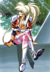  absurdres argyle_cutout arms_at_sides blonde_hair cleavage_cutout clothing_cutout crossed_legs day female full_body highres light_rays long_hair long_sleeves original outdoors ponytail profile scan sitting solo urushihara_satoshi very_long_hair 