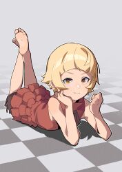  absurdres bare_shoulders barefoot blonde_hair checkered_floor closed_mouth crossed_ankles dress eflo_(794753336) feet feet_up female frilled_dress frills full_body grey_background hands_up head_rest highres kizumonogatari looking_at_viewer lying monogatari_(series) on_ground on_stomach orange_eyes oshino_shinobu shadow short_hair shorts_under_dress sleeveless sleeveless_dress smile soles solo the_pose toes 