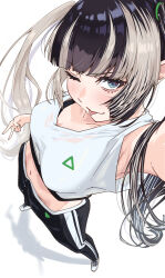  black_hair black_pants blunt_bangs blush breasts female grey_hair highres hololive hololive_dance_practice_uniform hololive_dev_is juufuutei_raden korutesu long_hair looking_at_viewer medium_breasts midriff multicolored_hair navel official_alternate_costume pants shirt solo streaked_hair tongue tongue_out twintails two-tone_hair virtual_youtuber white_shirt 