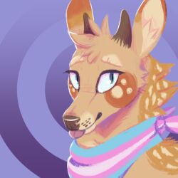  2019 ambiguous_gender antlers blep blue_eyes brown_antlers brown_body brown_fur brown_nose bust_portrait cervine deer digital_media_(artwork) digital_painting_(artwork) eyebrows eyelashes fallow_deer feral fur head_tuft horn hybrid icon inner_ear_fluff jaspering lgbt_pride mammal new_world_deer pink_tongue portrait pride_color_neckerchief pride_colors shaded simple_background snout solo tan_body tan_eyebrows tan_fur tan_inner_ear tan_inner_ear_fluff tongue tongue_out transgender_pride_colors tuft whisker_spots white-tailed_deer 