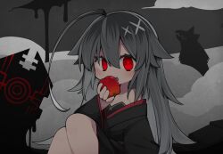  ahoge apple bare_shoulders black_kimono commentary dark-skinned_female dark_skin deformed eating female food fruit grey_hair hair_between_eyes hair_flaps hand_up holding holding_food holding_fruit huge_ahoge japanese_clothes kimono kisaragi_kaya knees_up light_blush long_hair long_sleeves looking_at_viewer monster off_shoulder open_mouth original red_eyes red_pupils sitting smoke solo teeth upper_teeth_only very_long_hair wide_sleeves yste 