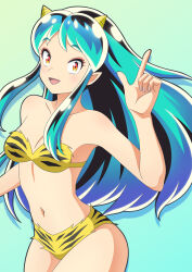  animal_print bikini blush breasts cleavage commentary_request cone_horns female green_background green_hair green_theme highres horns long_hair looking_at_viewer lum medium_breasts navel oni open_mouth orange_eyes pointy_ears smile solo strapless strapless_bikini swimsuit tiger_print urusei_yatsura watasi 