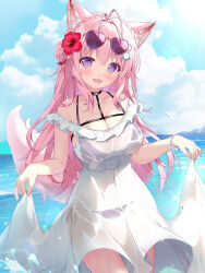  :d animal_ear_fluff animal_ears antenna_hair bikini bikini_under_clothes black_bikini blush bracelet braid breasts cleavage cloud cloudy_sky cropped_legs crown_braid dress female flower glint hair_flower hair_ornament hakui_koyori hexagon hexagon_hair_ornament highres hololive jewelry large_breasts looking_at_viewer mikeou off-shoulder_dress off_shoulder open_mouth outdoors pink_tail purple_eyes side-tie_bikini_bottom sky smile solo sunglasses swimsuit tail virtual_youtuber wading water wet wet_clothes wet_dress white_dress wolf_ears wolf_girl wolf_tail 