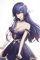  absurdres bare_shoulders blue_hair blush breasts choker cleavage dress earrings english_commentary female hair_between_eyes hair_ribbon highres jewelry large_breasts lilpa long_hair looking_at_viewer multicolored_hair nootak oerba_yun_fang open_mouth orange_eyes purple_dress purple_hair ribbon simple_background solo strapless strapless_dress virtual_youtuber waktaverse white_background 