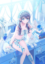  a20_(atsumaru) aqua_nails aqua_ribbon arm_support blue_eyes book book_stack bra breasts brown_hair cleavage collarbone desk female flower glint hair_ribbon headdress highres holding indoors jewelry leaning_forward long_hair medium_breasts midriff navel necklace original panties pearl_necklace petals ribbon rose sitting solo stuffed_animal stuffed_rabbit stuffed_toy underwear underwear_only vase white_bra white_flower white_headdress white_panties white_rose white_wings window wings 