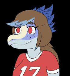  2_frame_animation animated anthro blue_body brown_hair cavemanon_studios clothed clothing dinosaur feathered_dinosaur feathered_scalie feathers female freckled_face freckles hair i_wani_hug_that_gator jenine_(iwhtg) long_hair multicolored_hair prehistoric_species red_eyes reptile scalie solo two_tone_hair unknown_artist 