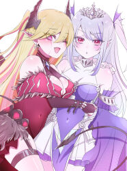  2girls bare_shoulders black_horns black_wings blonde_hair blush breasts covered_navel cowboy_shot demon_girl demon_horns demon_wings detached_sleeves dress duel_monster garter_straps hayupipipipi highres horns lacrima_the_scarlet_sorrow large_breasts long_sleeves multicolored_hair multiple_girls oerba_yun_fang one_eye_closed open_mouth pink_eyes pink_hair pointy_ears purple_dress purple_hair purple_sleeves red_dress simple_background sleeves_past_wrists smile streaked_hair tearlaments_scheiren trait_connection two-tone_hair two_side_up white_background wide_sleeves wings yu-gi-oh! 