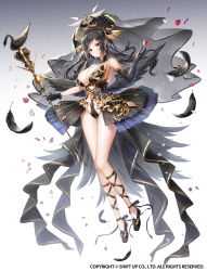  absurdres apple_caramel black_dress black_eyes black_footwear black_gloves black_hair black_skirt breasts cleavage company_name dress elbow_gloves feathers female full_body gloves gold_trim gradient_background headpiece heterochromia highres holding holding_staff large_breasts leotard long_hair official_art red_eyes revealing_clothes simple_background skirt staff 