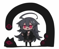  :d ahoge bell bikini black_bikini black_choker black_hoodie black_thighhighs blush_stickers chibi choker commentary_request dark-skinned_female dark_skin darkness female front-tie_bikini_top front-tie_top grey_hair hair_between_eyes hair_flaps hand_up hood hood_down hoodie huge_ahoge jitome kisaragi_kaya long_hair long_sleeves neck_bell no_sclera open_clothes open_hoodie open_mouth original red_eyes sleeves_past_wrists smile smug solo standing starter_pokemon_trio swimsuit thighhighs very_long_hair yste zettai_ryouiki 