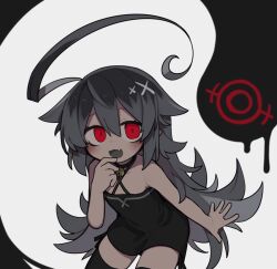  :3 :d ahoge bags_under_eyes bare_arms bare_shoulders bell black_choker black_dress black_thighhighs choker commentary_request cowboy_shot dark-skinned_female dark_skin dress female grey_hair hair_flaps hand_to_own_mouth hand_up huge_ahoge jingle_bell kisaragi_kaya leaning_forward light_blush long_hair looking_at_viewer monster neck_bell oerba_yun_fang open_mouth original red_eyes side-tie_peek smile solo thighhighs very_long_hair yste zettai_ryouiki 