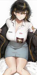  absurdres black_hair breasts cleavage collarbone collared_shirt ear_piercing febri_aryani_(vloodozer) female highres indonesian_flag indonesian_high_school_uniform jacket large_breasts looking_at_viewer mole mole_under_mouth multicolored_hair original piercing school_uniform shirt simple_background streaked_hair thighs vloodozer white_background yellow_eyes 