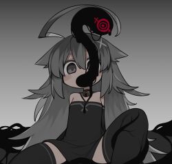  ahoge bare_shoulders black_bow black_choker black_dress black_thighhighs blush_stickers bow breasts choker dark-skinned_female dark_skin detached_sleeves dress dripping empty_eyes female gradient_background grey_background grey_eyes grey_hair hair_flaps kisaragi_kaya knee_up long_hair open_mouth original parasite small_breasts solo spread_legs tentacle_in_mouth thighhighs very_long_hair yste zettai_ryouiki 