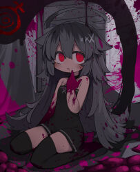  ahoge bare_arms bare_shoulders black_choker black_dress black_thighhighs blood blood_on_ass blood_on_feet blood_on_hands blood_splatter choker commentary_request dark-skinned_female dark_skin dress female flesh full_body grey_hair hair_flaps hand_up highres huge_ahoge kisaragi_kaya long_hair looking_at_viewer original parted_lips pink_blood red_eyes sitting sleeveless sleeveless_dress solo thighhighs very_long_hair yste zettai_ryouiki 