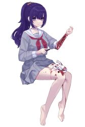  aegyo_sal asahina_mafuyu bare_legs barefoot blood blood_on_arm blood_on_leg closed_mouth female full_body grey_serafuku grey_shirt grey_skirt hair_between_eyes hair_ornament hair_scrunchie hand_up highres holding holding_blade invisible_chair jishou_210 legs long_hair long_sleeves looking_at_viewer miniskirt neckerchief orange_scrunchie pleated_skirt ponytail project_sekai puffy_sleeves purple_eyes purple_hair red_neckerchief sailor_collar school_uniform scrunchie self-harm serafuku shirt simple_background sitting skirt sleeve_rolled_up solo tearing_up tissue toenails toes used_tissue white_background white_sailor_collar 